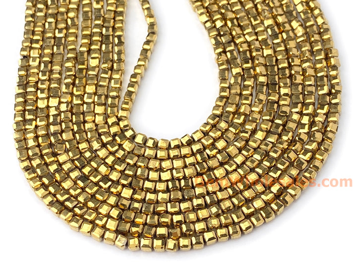 15.5" 2.5mm gold Hematite stone micro faceted cube beads