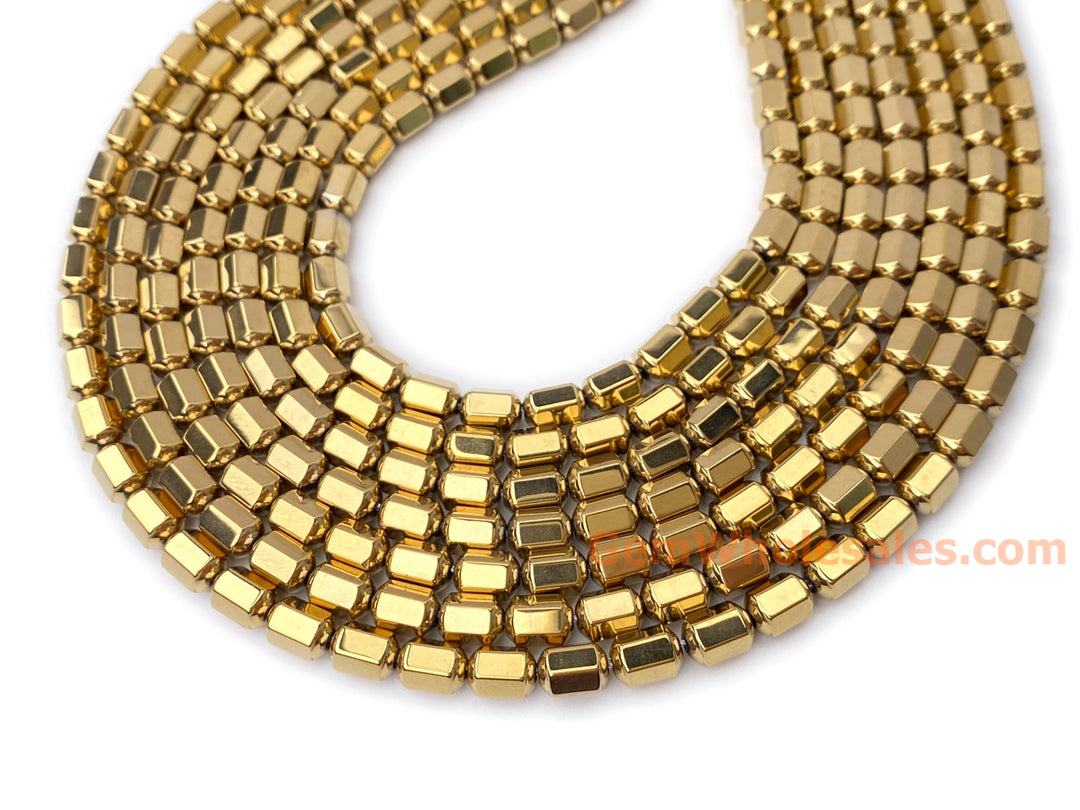 15.5" 5x8mm gold plated Hematite stone Hexagon Drum beads