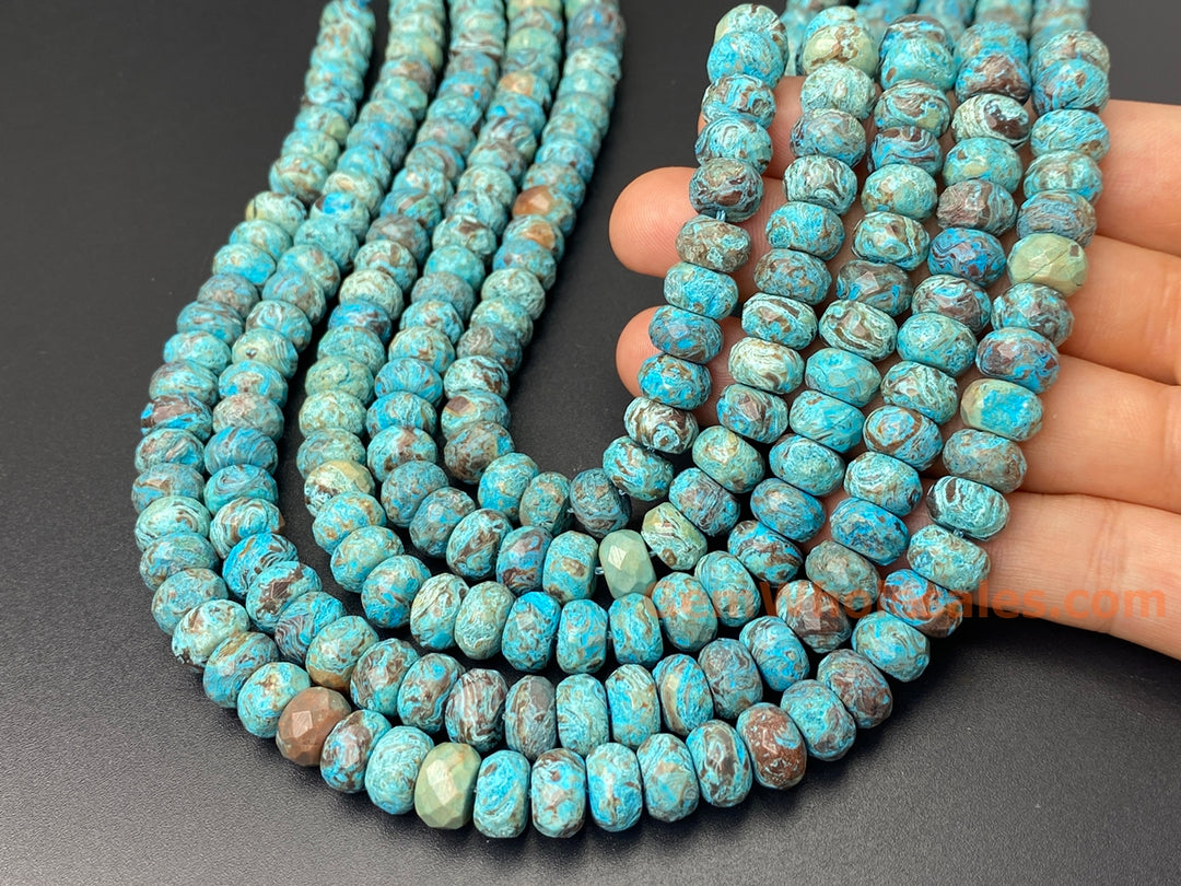 Perles à facettes en jaspe calsilica bleu turquoise 15,5" 6x10 mm, perles en pierre précieuse bleu-brun