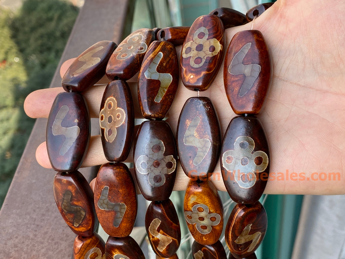 14" 22x40mm Antique Brown Tibetan Dzi agate oval beads flash flower