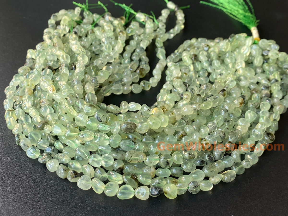 15.5" 6~8mm Natural green prehnite stone pebble nugget beads