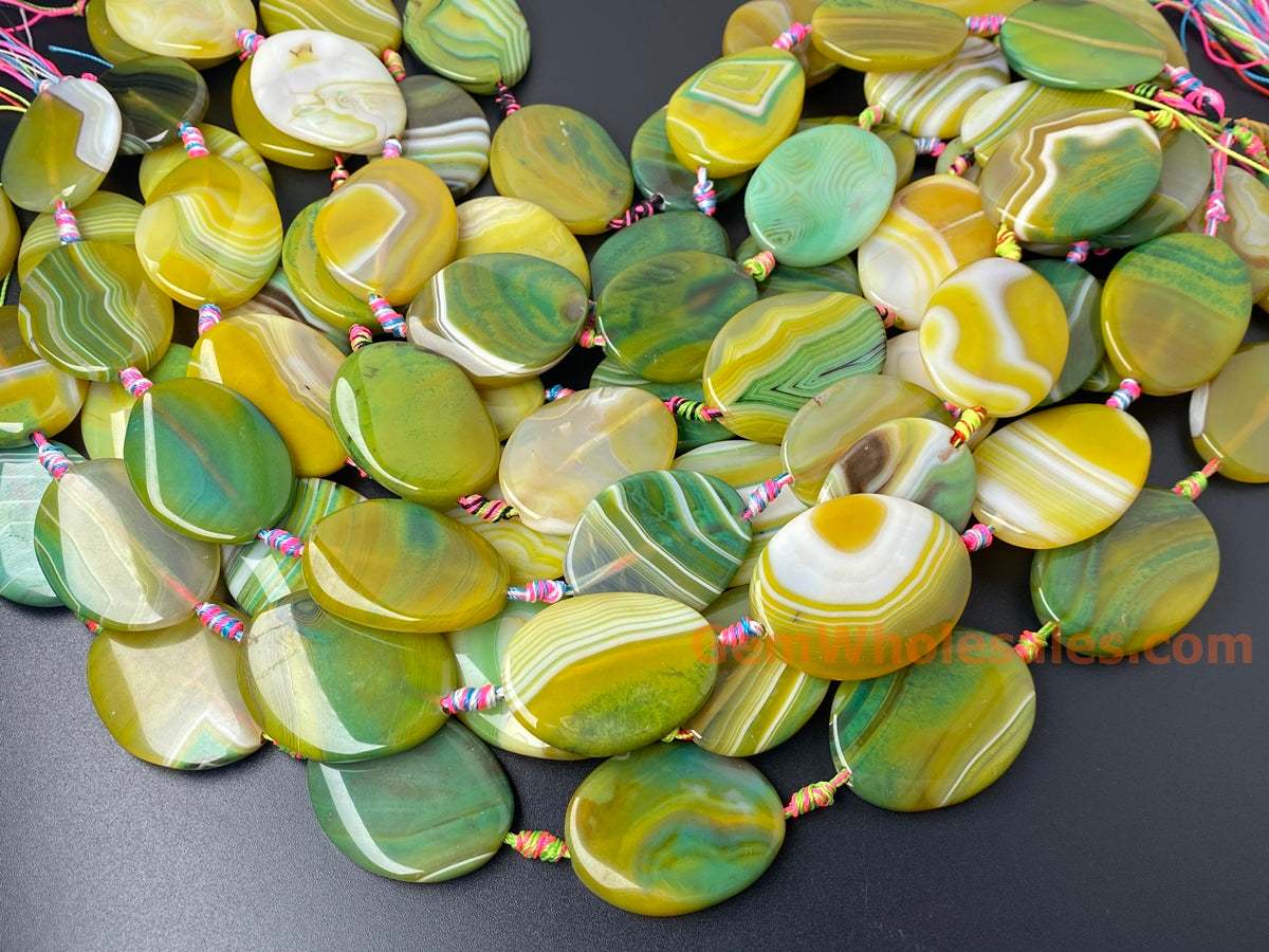 14" 30x40mm yellow green stripe Agate flat oval Gemstone beads