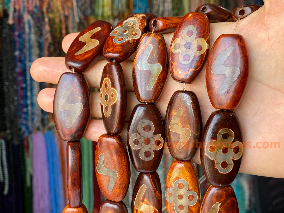 14" 22x40mm Antique Brown Tibetan Dzi agate oval beads flash flower