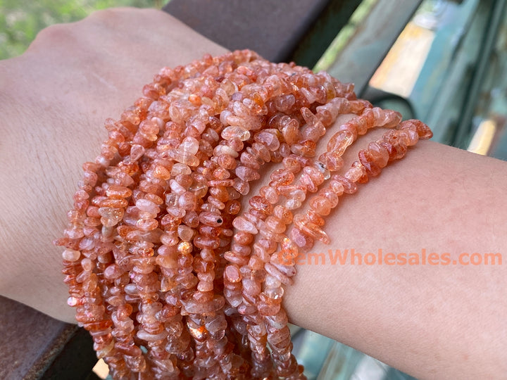 3x5mm natural Sunstone chips beads, orange gemstone chips, 32"