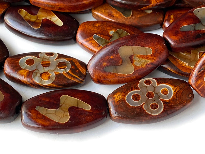 14" 22x40mm Antique Brown Tibetan Dzi agate oval beads flash flower