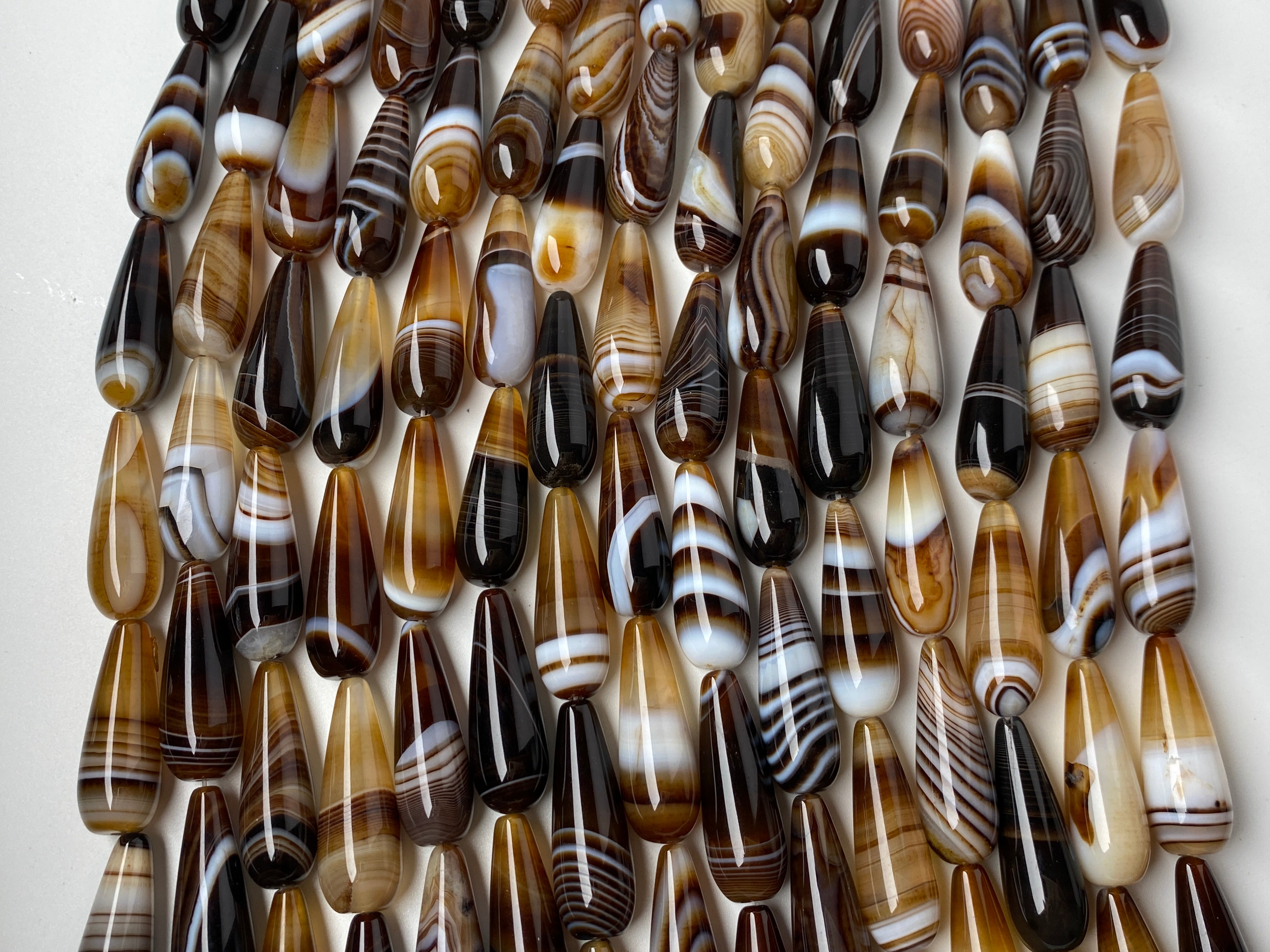 15.25" 10x30mm polished brown stripe agate teardrop jewelry beads