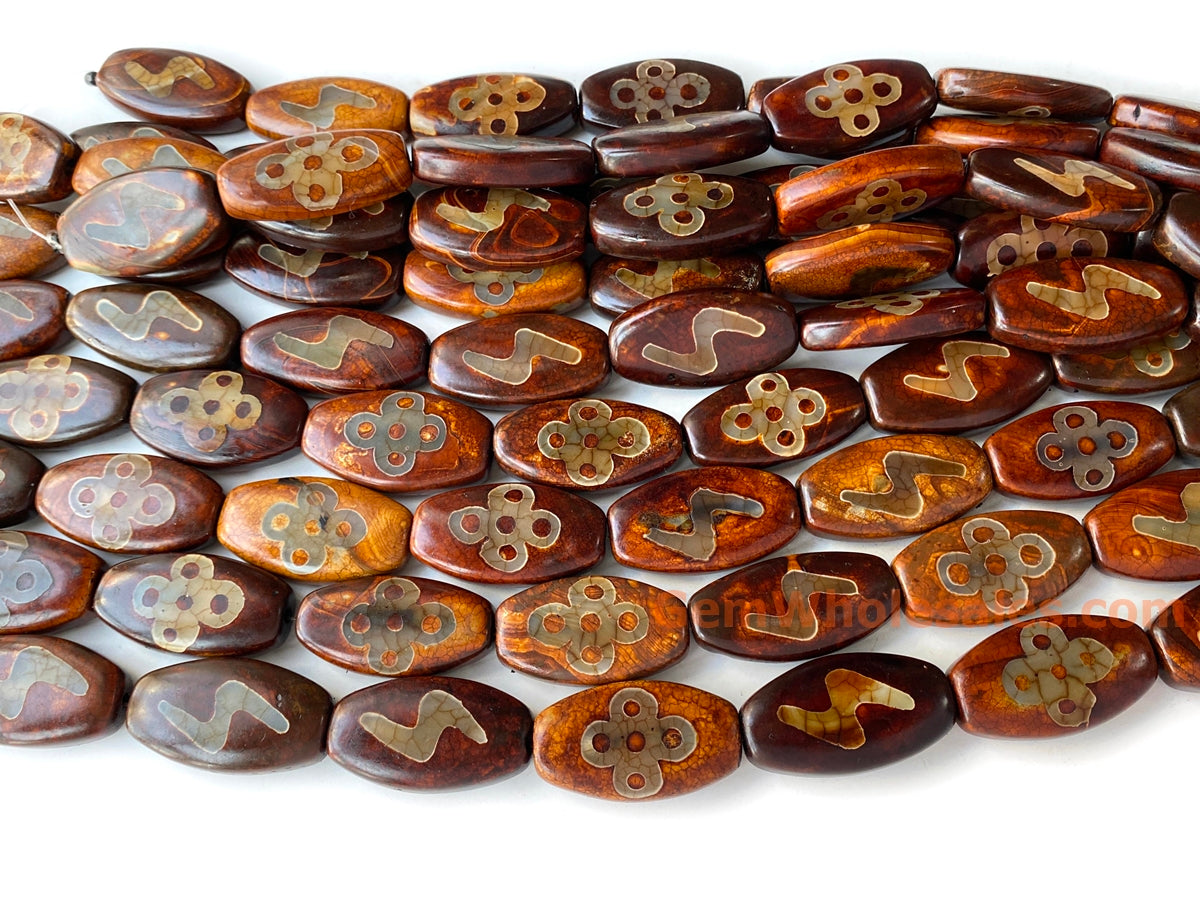 14" 22x40mm Antique Brown Tibetan Dzi agate oval beads flash flower