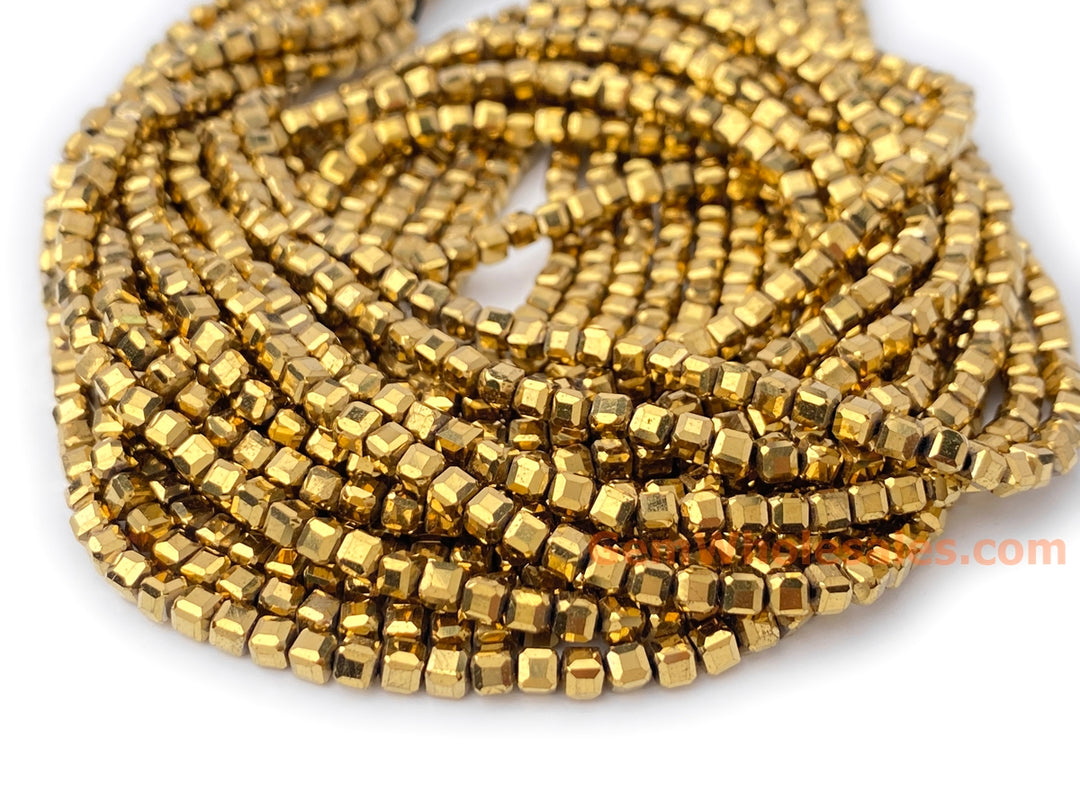 15.5" 2.5mm gold Hematite stone micro faceted cube beads