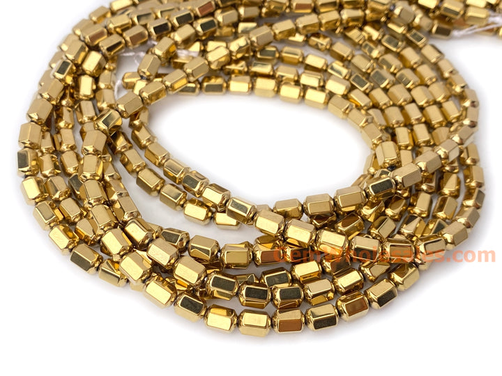 15.5" 5x8mm gold plated Hematite stone Hexagon Drum beads