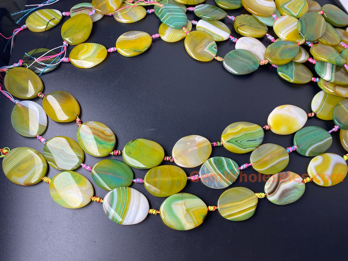 14" 30x40mm yellow green stripe Agate flat oval Gemstone beads