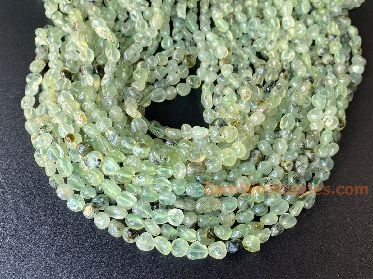 15.5" 6~8mm Natural green prehnite stone pebble nugget beads