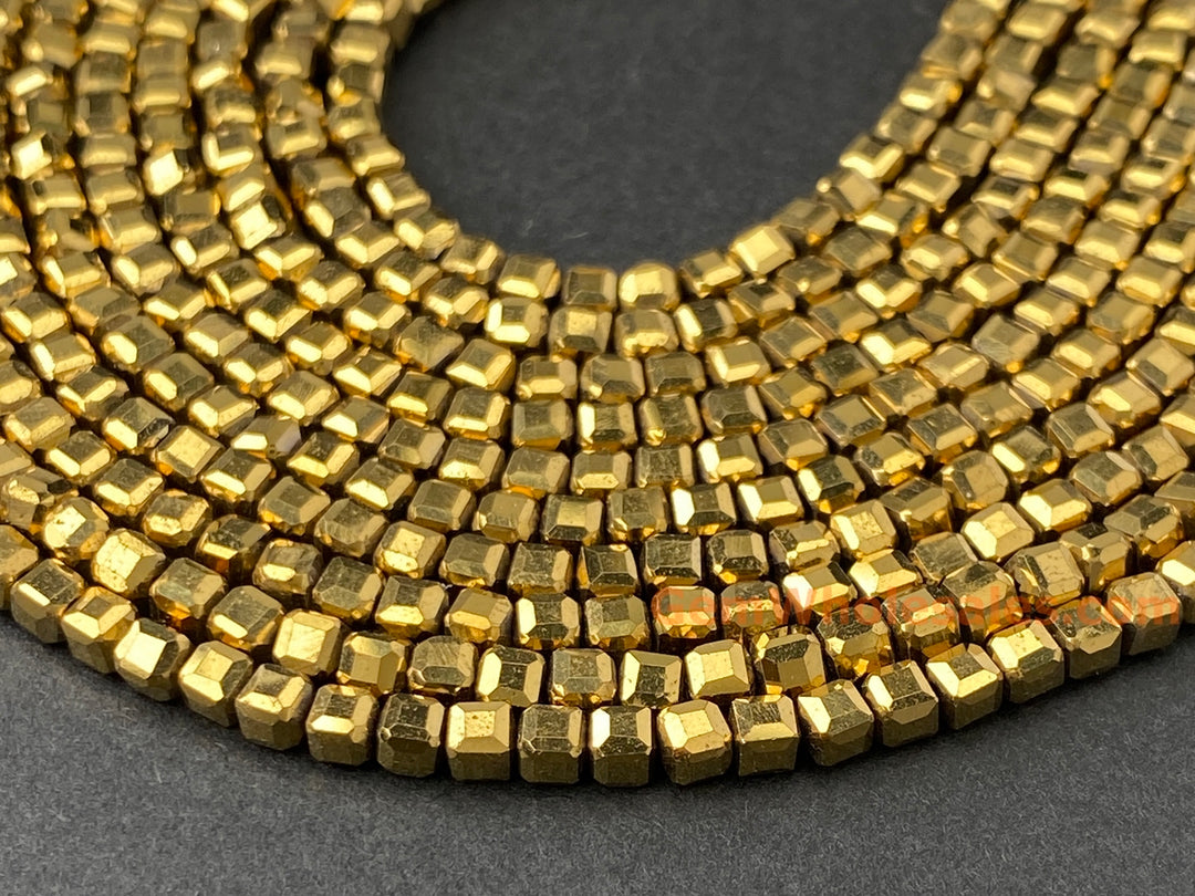 15.5" 2.5mm gold Hematite stone micro faceted cube beads
