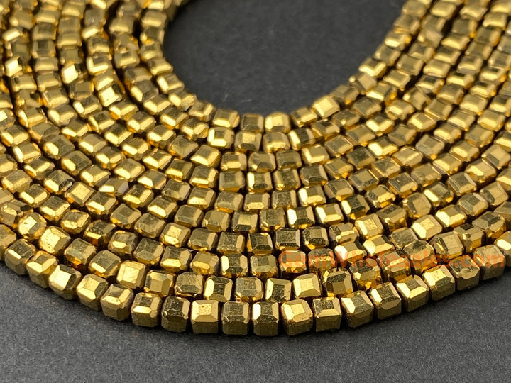 15.5" 2.5mm gold Hematite stone micro faceted cube beads