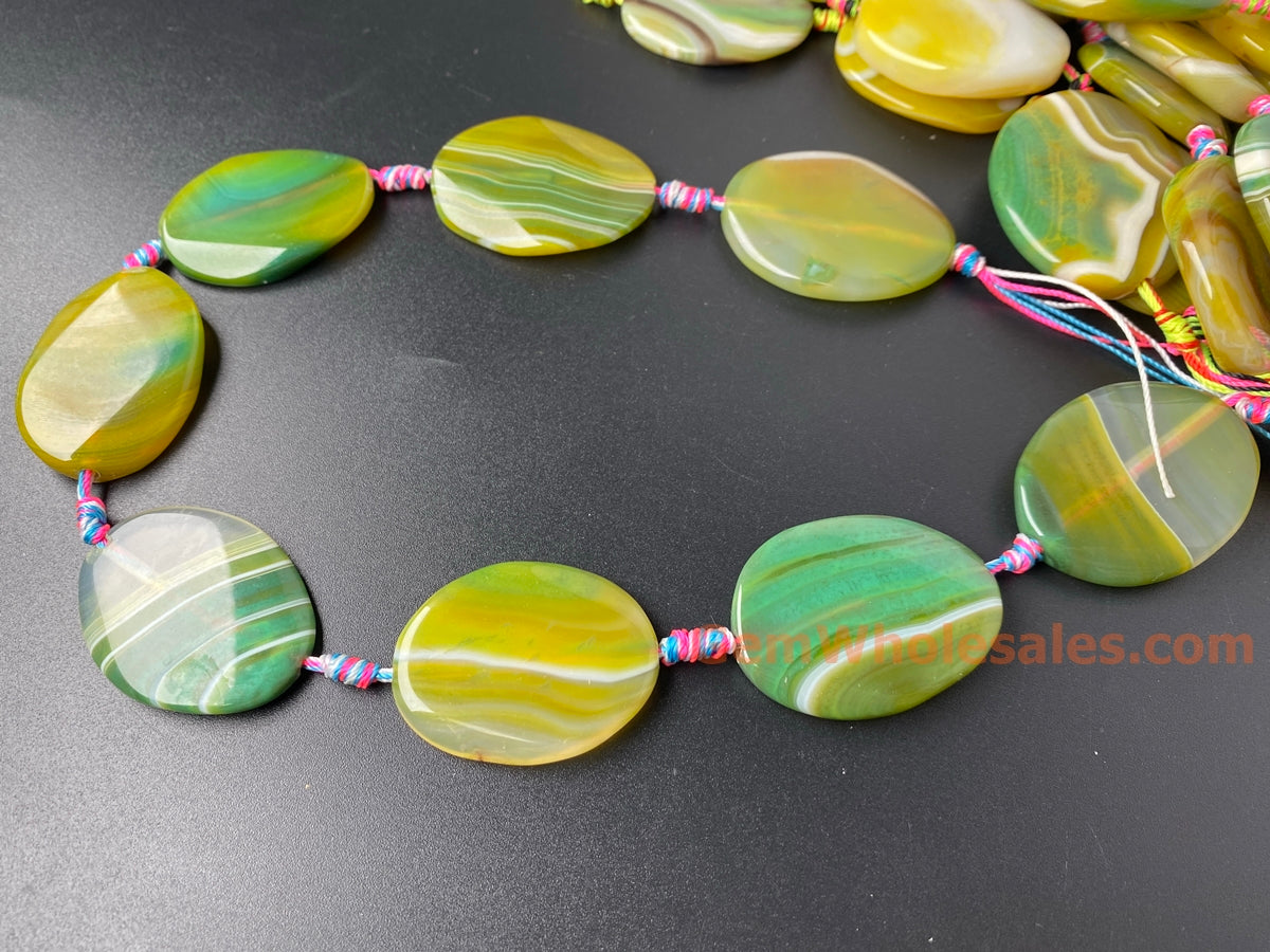 14" 30x40mm yellow green stripe Agate flat oval Gemstone beads