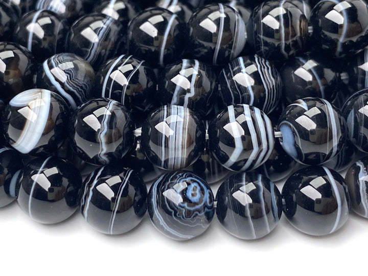 15" 8mm black white stripe Agate Round beads Gemstone