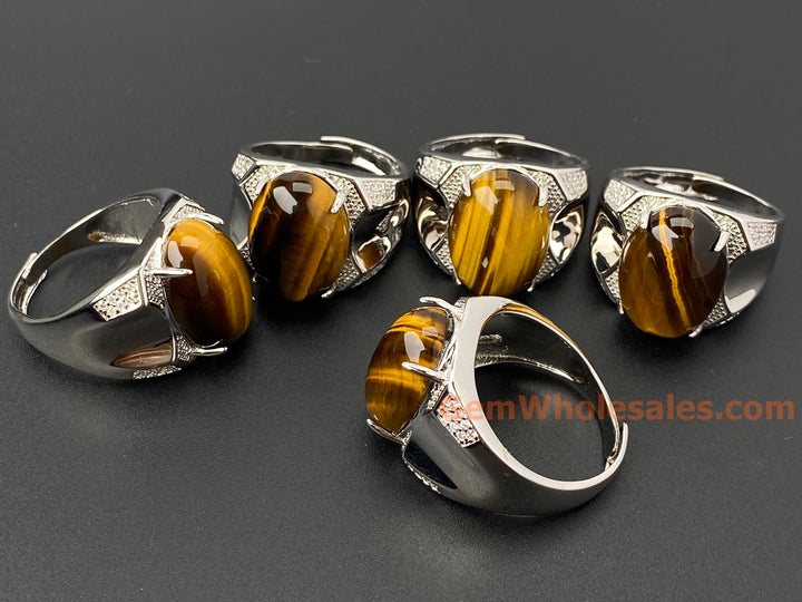 Adjustable Tiger's Eye Stone Ring, Men's Gemstone brass Ring, 13x18mm