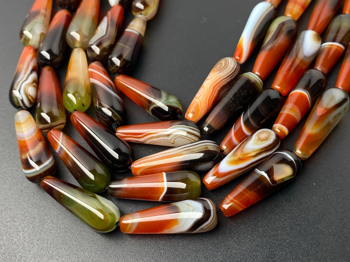 15.5" 10x30mm Green red brown stripe agate teardrop beads