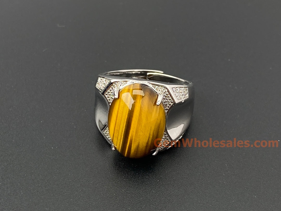 Adjustable Tiger's Eye Stone Ring, Men's Gemstone brass Ring, 13x18mm