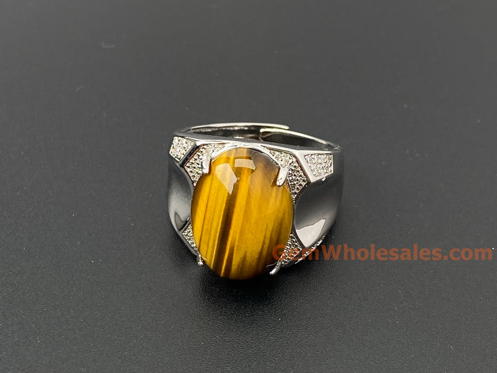 Adjustable Tiger's Eye Stone Ring, Men's Gemstone brass Ring, 13x18mm