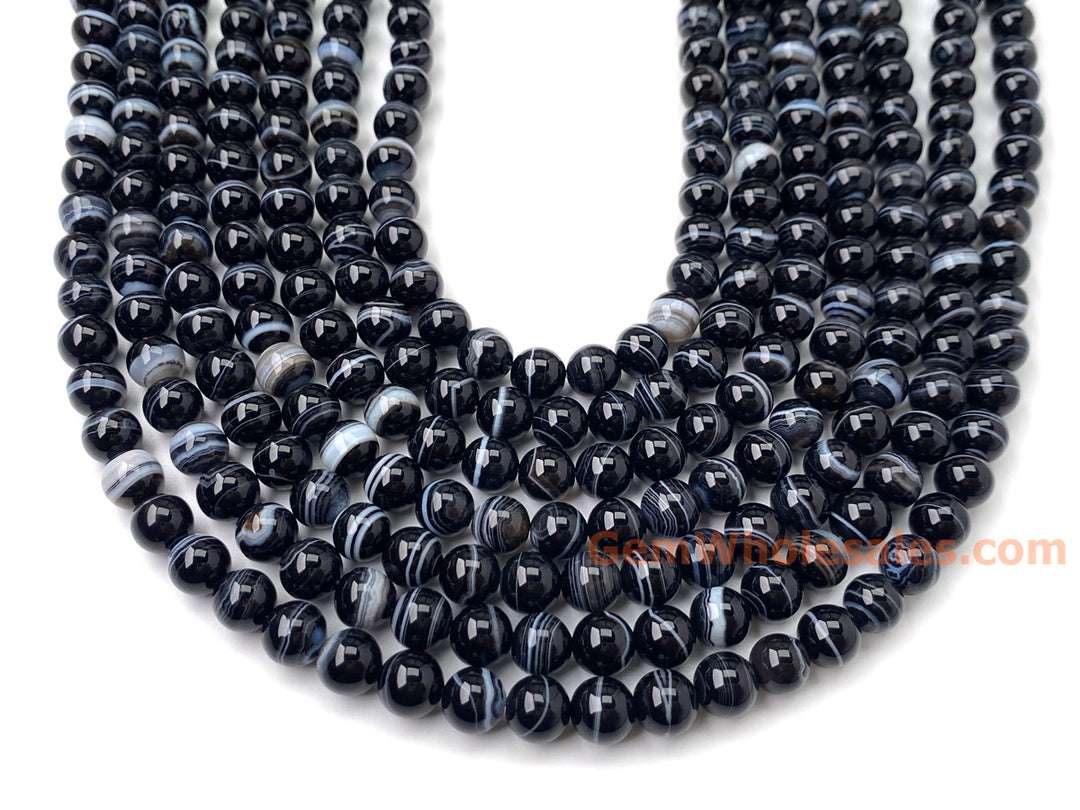15" 8mm black white stripe Agate Round beads Gemstone