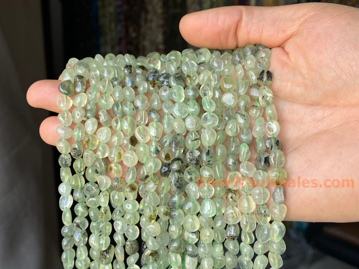 15.5" 6~8mm Natural green prehnite stone pebble nugget beads