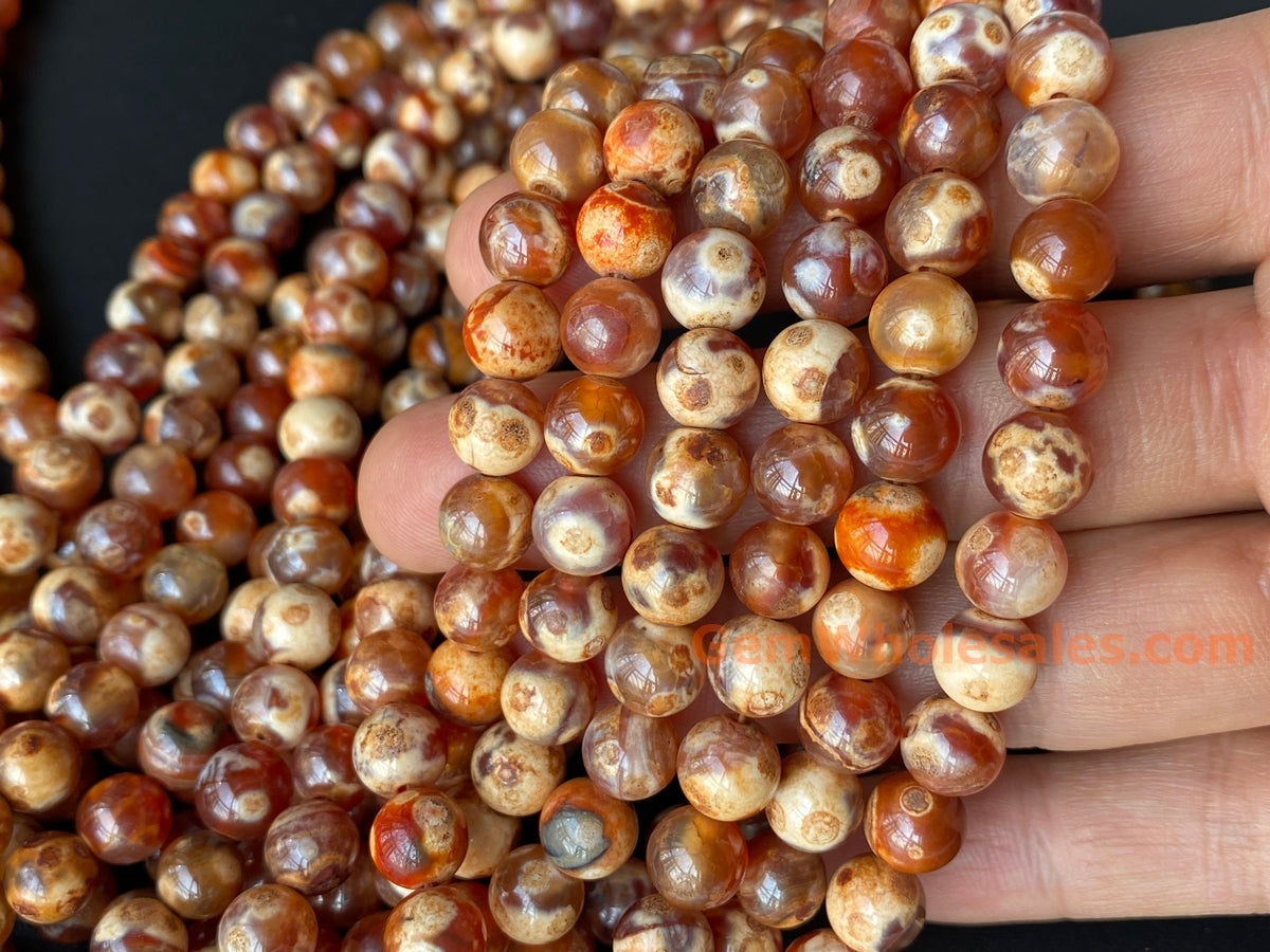 15" 8mm Dream Fire agate Red yellow brown multi color round beads