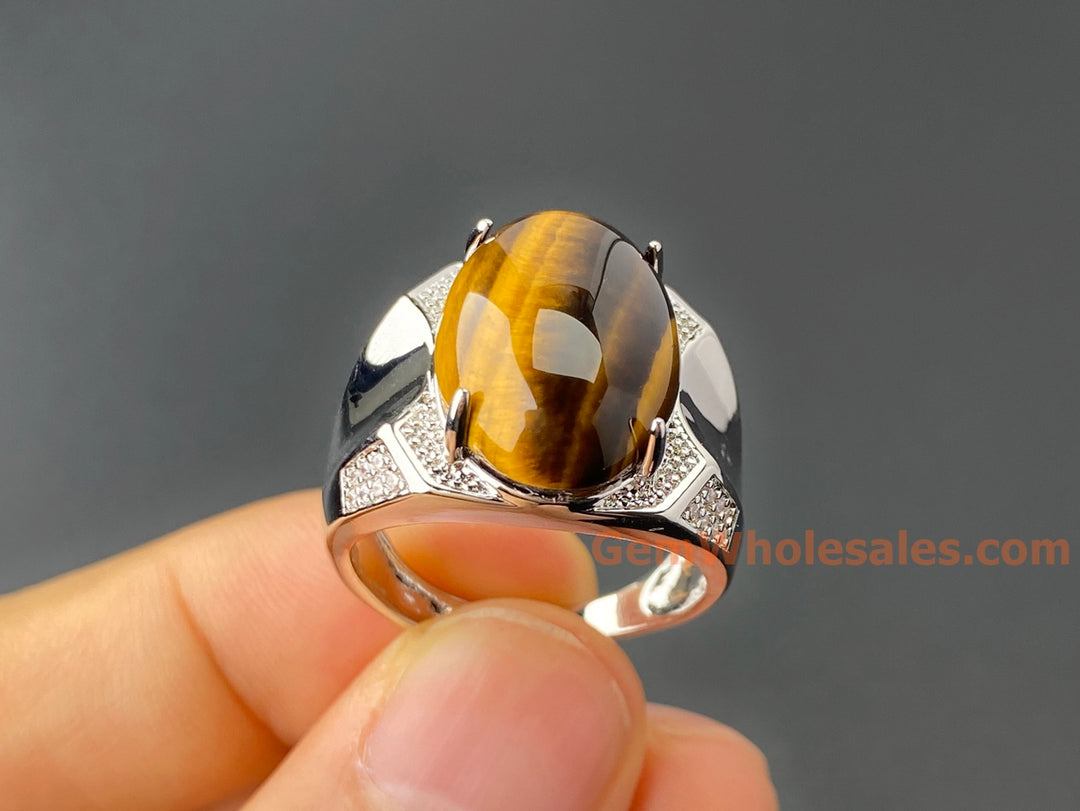 Adjustable Tiger's Eye Stone Ring, Men's Gemstone brass Ring, 13x18mm