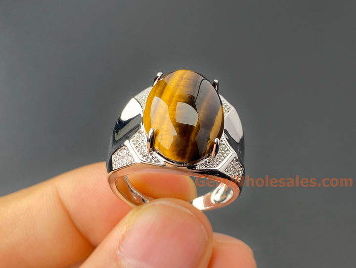Adjustable Tiger's Eye Stone Ring, Men's Gemstone brass Ring, 13x18mm