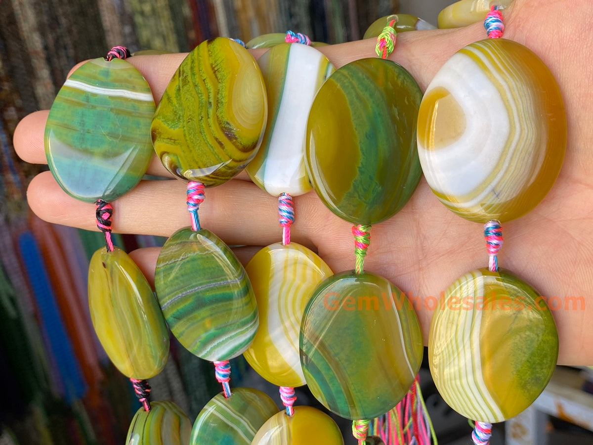 14" 30x40mm yellow green stripe Agate flat oval Gemstone beads