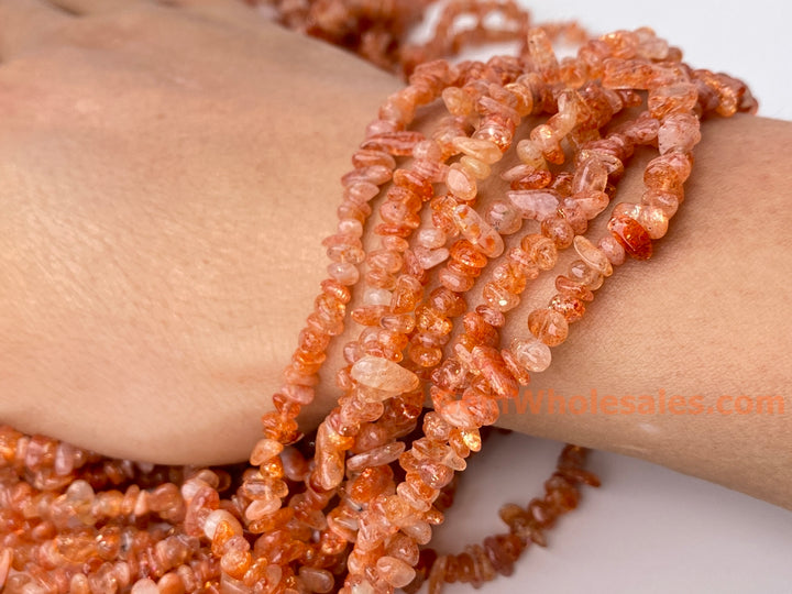 3x5mm natural Sunstone chips beads, orange gemstone chips, 32"