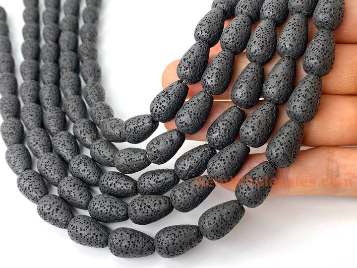 10x16mm black Lava rock teardrop pendant beads, 15.5"