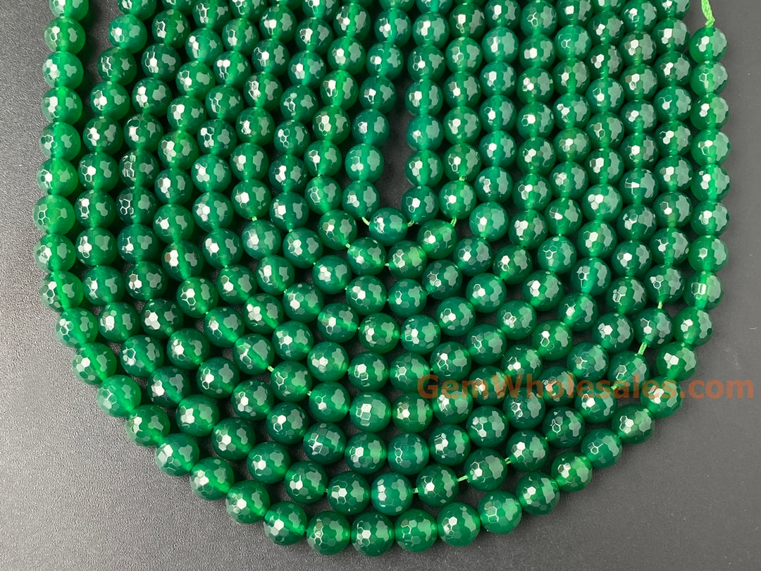 8mm green Agate Round faceted jewelry beads, 15"