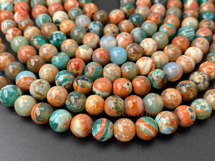 Perles rondes en pierre semi-précieuse d'agate de feu verte orange de 15 pouces et 8 mm