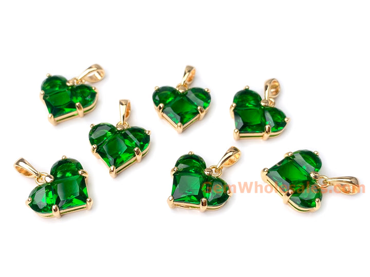 2PCS 14mm Green CZ heart, Gold Plated brass heart charms pendant