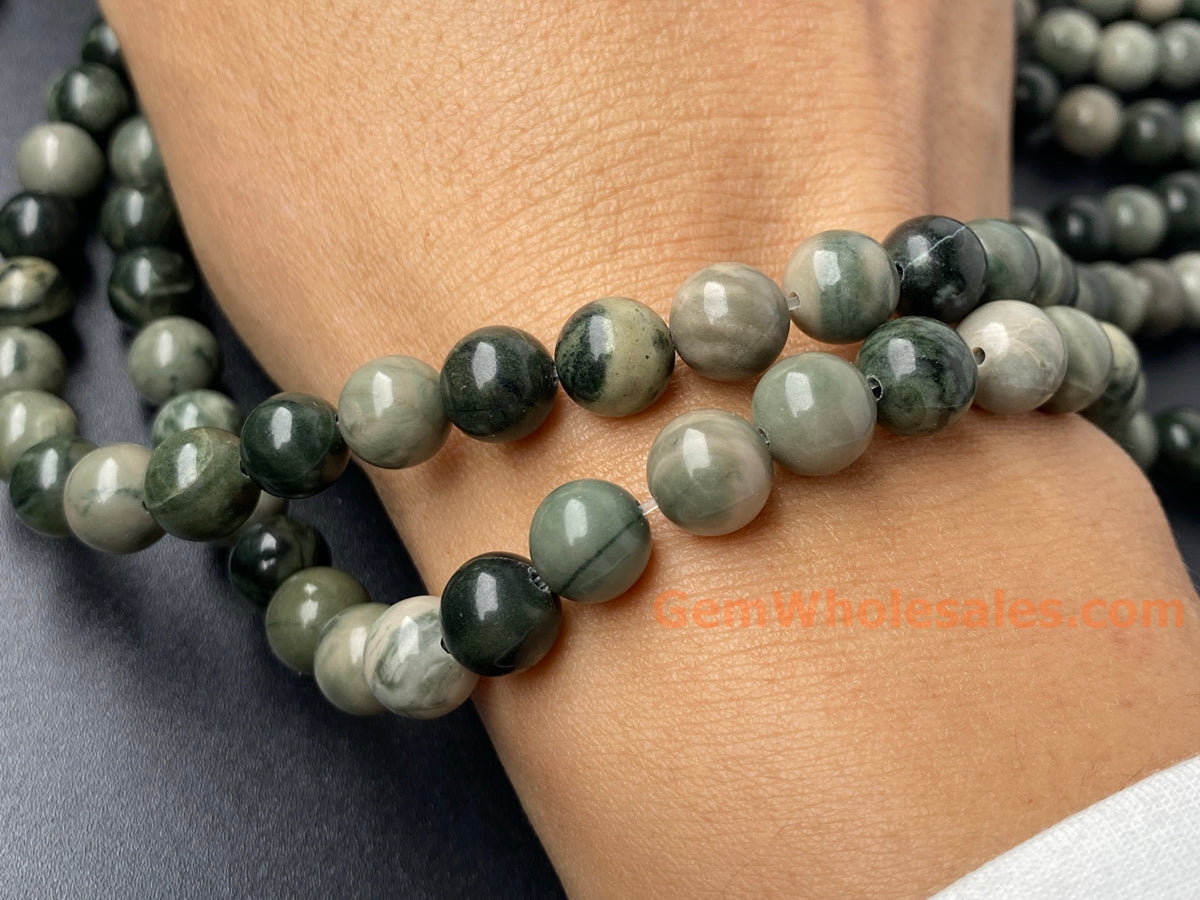 15” 8mm Natural Chinese green Zebra jasper stone round beads