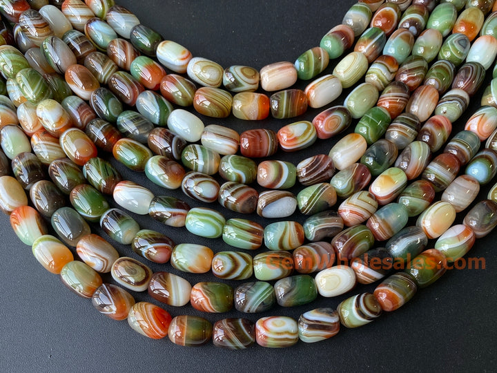 10x14mm Red Green banded Agate barrel beads, 15"