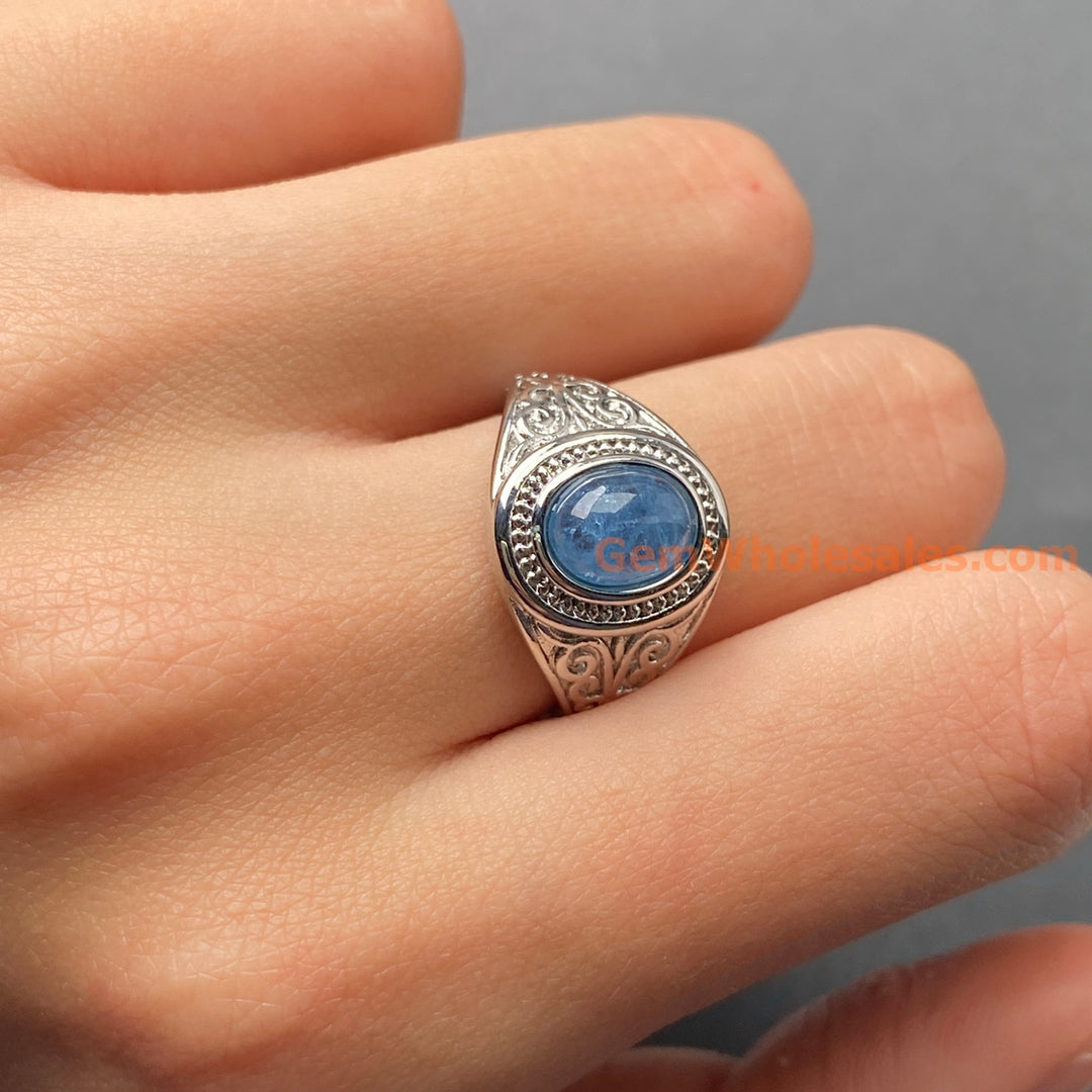 6x8mm natural Oval Aquamarine stone Ring, ajustable brass ring