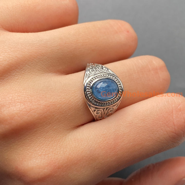6x8mm natural Oval Aquamarine stone Ring, ajustable brass ring