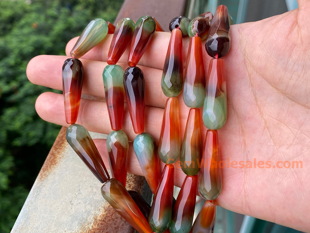 10x30mm Green red stripe agate faceted teardrop beads, 15.5"