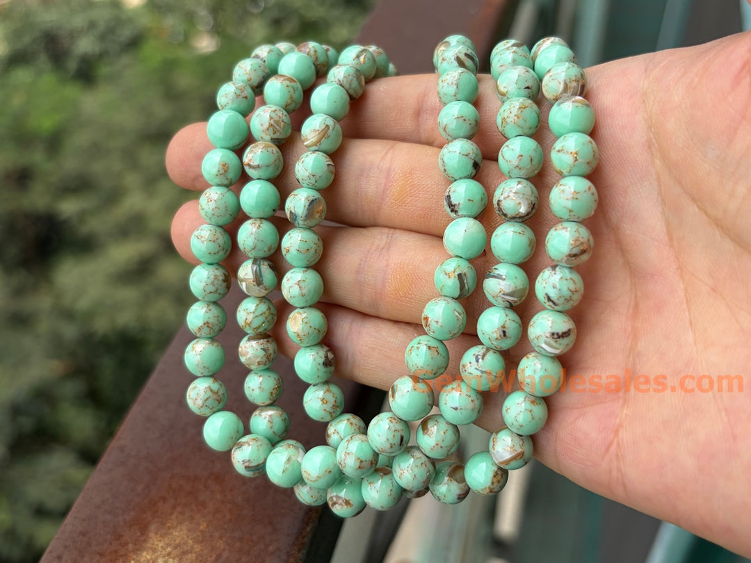 Perles rondes turquoises vertes de 8 mm avec incrustation de coquillages, 15,5 pouces