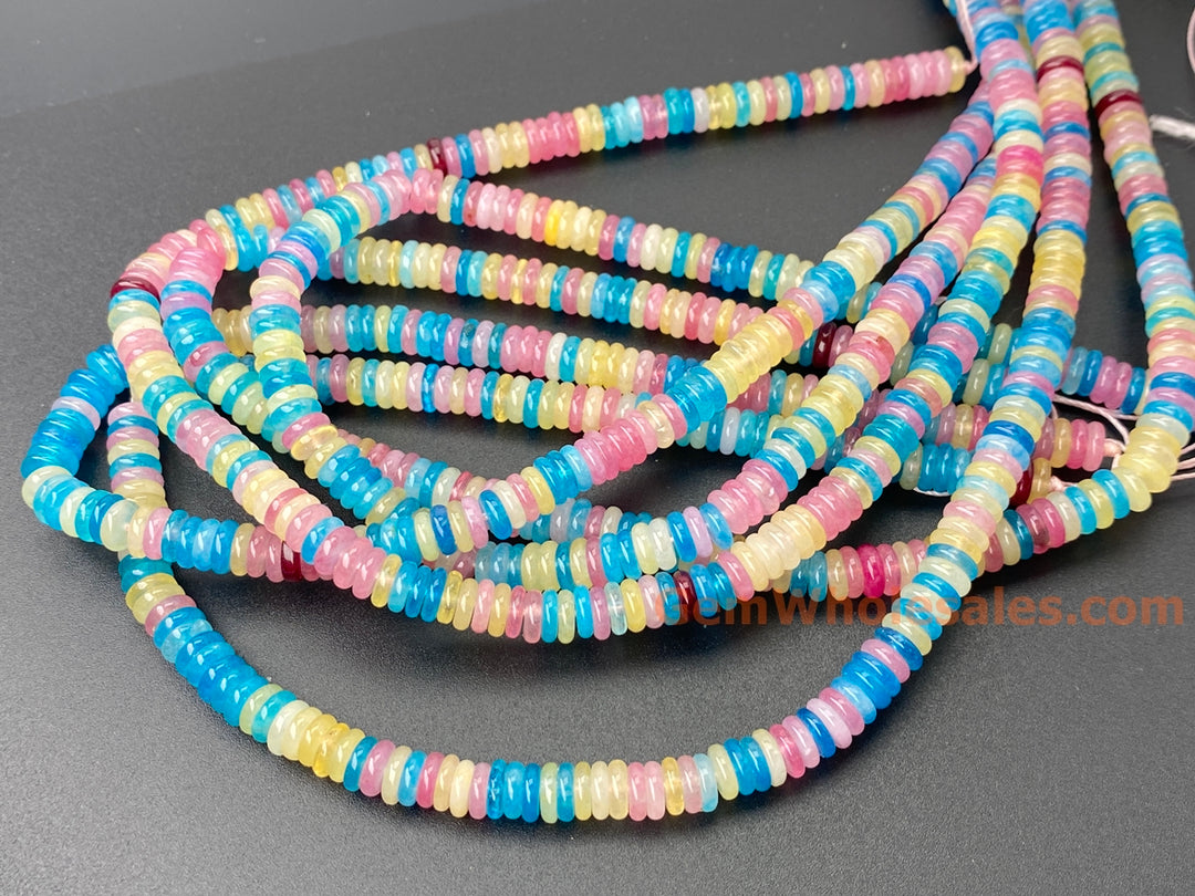 2x6mm Pink blue Yellow multi color jade Heishi beads, 15"