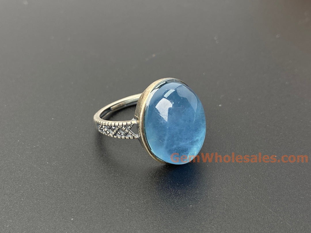 925 sterling silver rings with oval Natural aquamarine cabochon stone