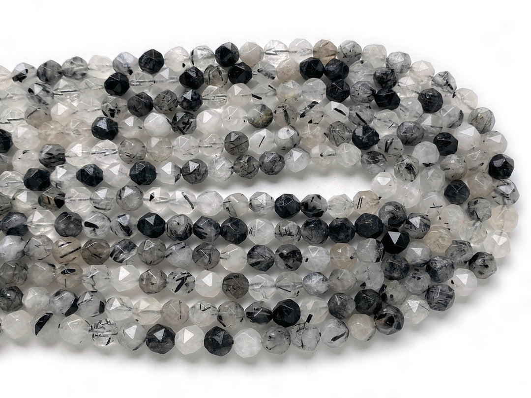 15.5" 10mm Natural black rutilated quartz star faceted beads