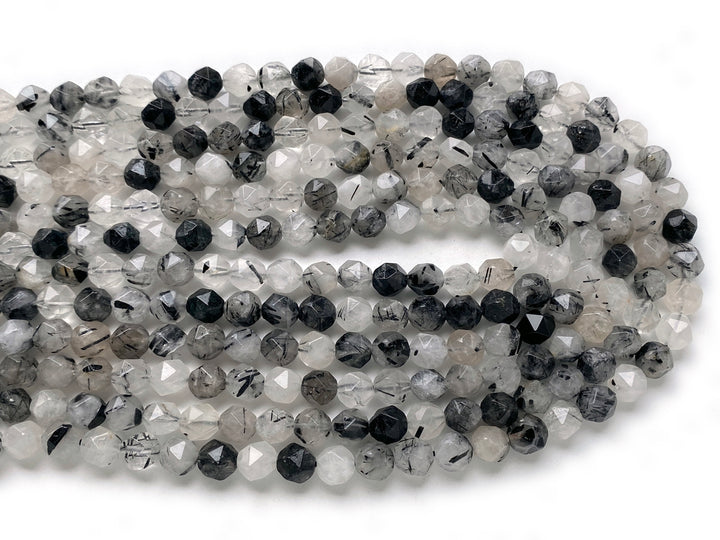15.5" 10mm Natural black rutilated quartz star faceted beads