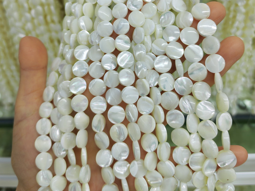 10mm Natural white mother of pearl MOP coin beads, 15.5"
