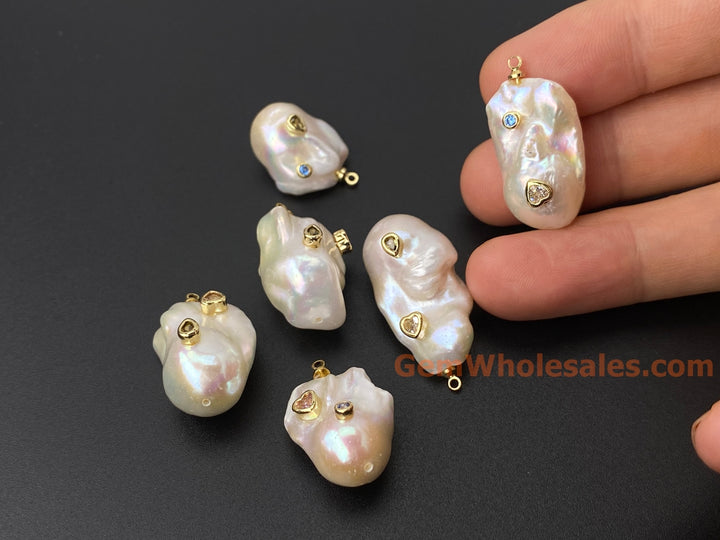 14x22mm white baroque pearl nugget beads pendant, 2 inlaid zirconia, 1PC