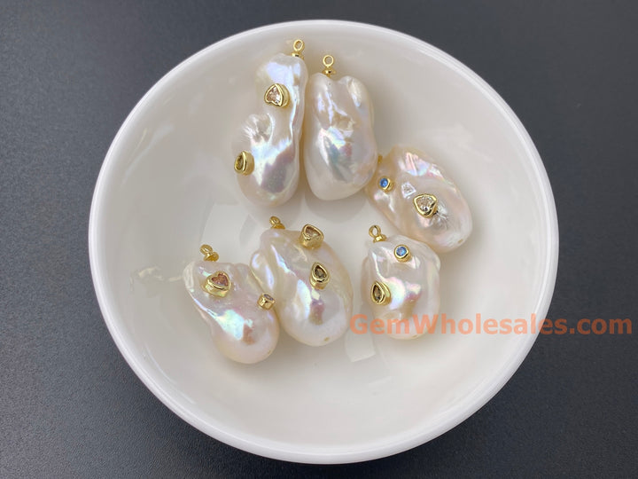 14x22mm white baroque pearl nugget beads pendant, 2 inlaid zirconia, 1PC