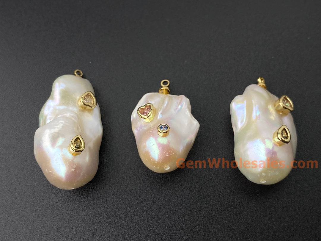 14x22mm white baroque pearl nugget beads pendant, 2 inlaid zirconia, 1PC