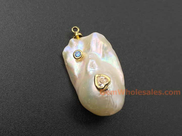 14x22mm white baroque pearl nugget beads pendant, 2 inlaid zirconia, 1PC