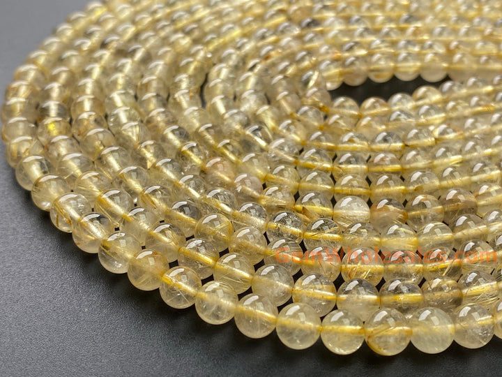 Perles rondes en quartz rutile naturel doré AA de 15,5 pouces et 6 mm